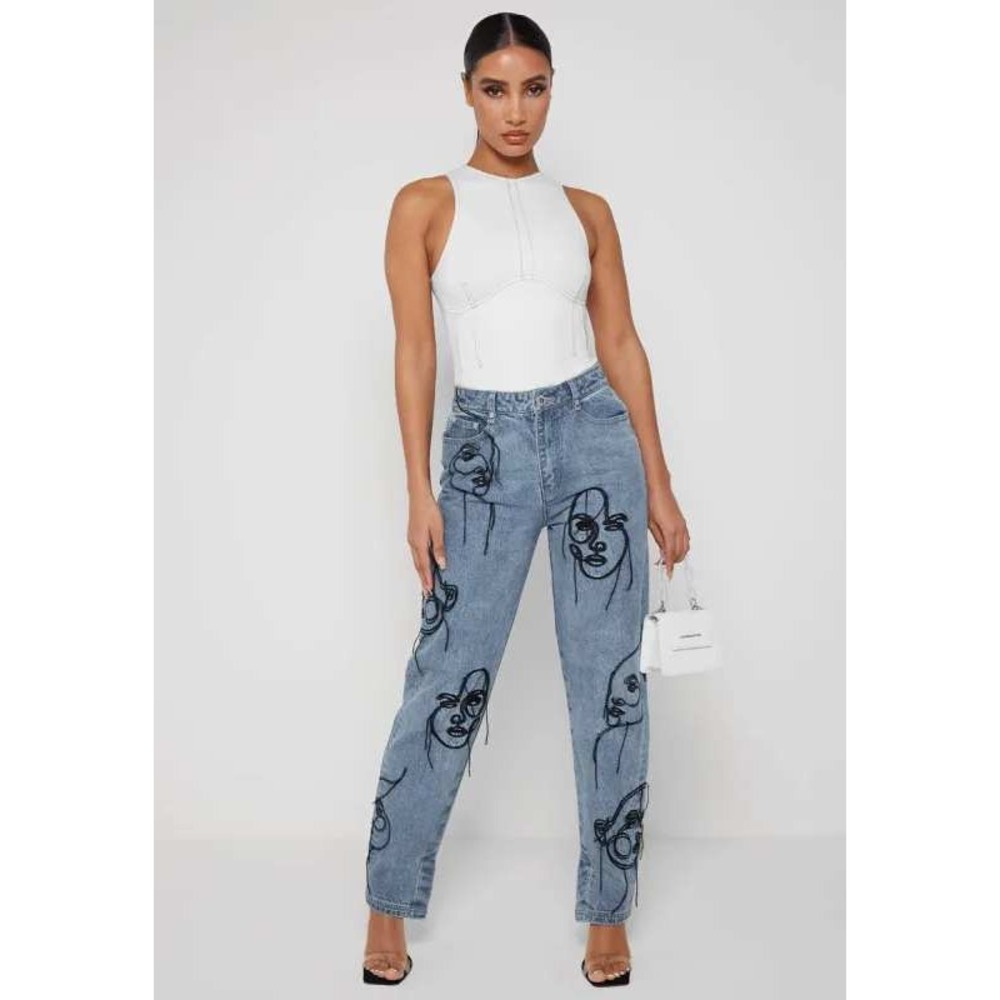 Maniere De Voir Line Art Mom Jeans Blue Embroidered Face Denim Pants Size 6 - Picture 14 of 14
